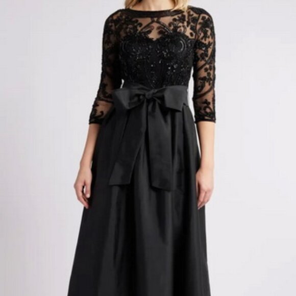 Pisarro Nights Black Beaded Illusion Neck Taffeta Cocktail Dress